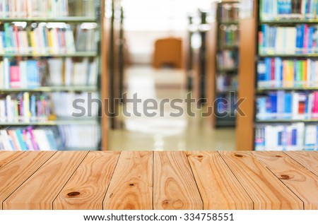 Empty wooden table and modern library background, product display.