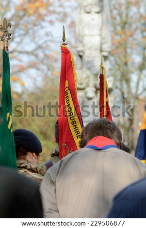 BEDFORD, ENGLAND  NOVEMBER 2014: Remembrance Day Parade - Soldiers with Salvation Army band playing music, shown on 9 November 2014 in Bedford