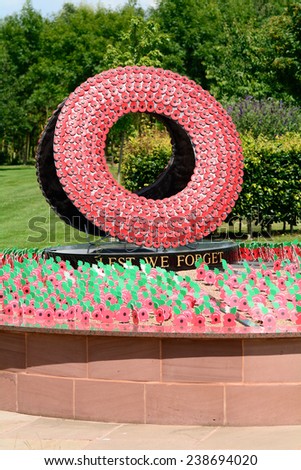 ALREWAS, STAFFORDSHIRE, ENGLAND JULY 2014: Royal British Legion Never Forget Poppy Memorial, shown on 7 July 2014 in Alrewas