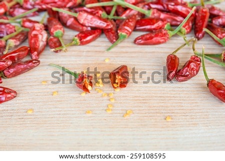 Dry chilly opened with seeds on wood bard