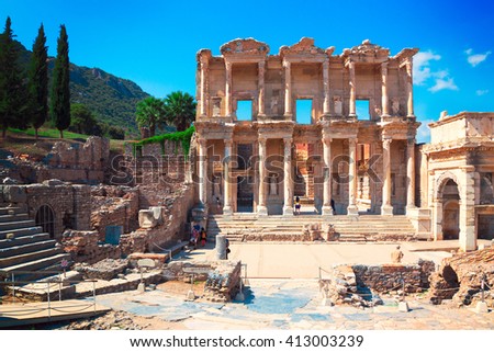 Celsus Library in Ephesus, Turkey. UNESCO heritage site, sunny summer day.