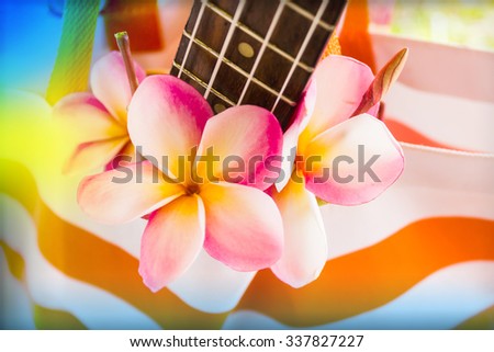 Background of flower and part of ukulele in colourful bag with feeling of holiday at the sea and summer vacation