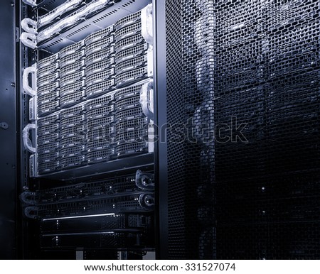 black and white disk array in the data center