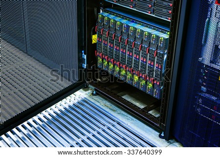 cluster of hard drives in a data center rack