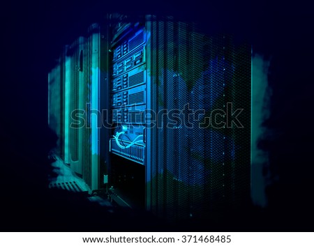 Blade server close-up in series of mainframes data center witht art design