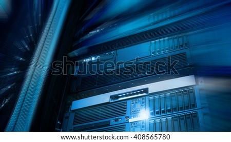 Modern storage of blade servers in the data center vertical with blur and motion