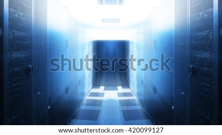 futuristic server blur motion room with modern communication and server equipment