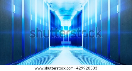 symmetrical futuristic modern server room in the data center with a bright light