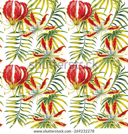 exotic tropical flowers and palm leaves painting pattern, geometric background
