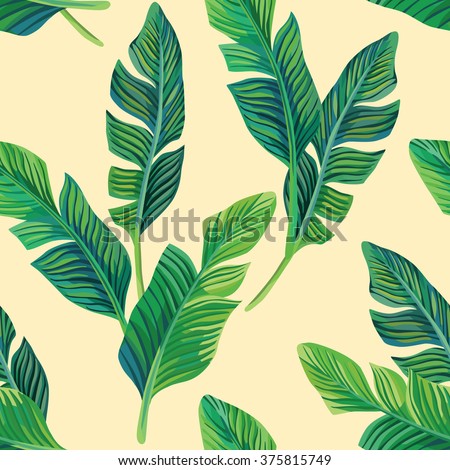 Composition of exotic palm banana leaf on a light yellow background. Print summer seamless vector pattern wallpaper