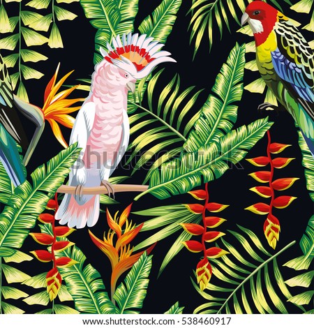 Tropic bird macaw and multicolor parrot on the background exotic lobster claws flower, strelitzia and palm leaf. Print summer floral plant. Nature animals wallpaper. Seamless vector pattern
