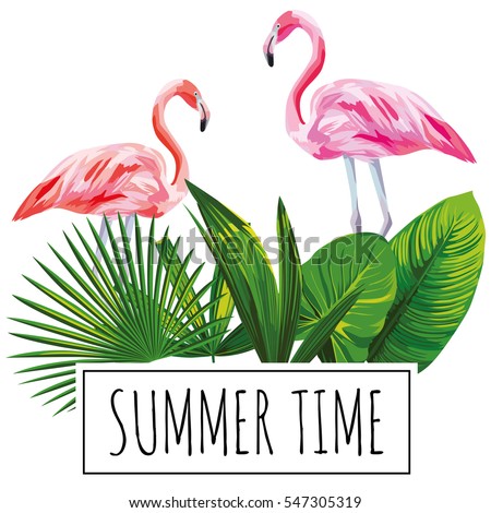 Slogan summer time tropical green leaves and pink flamingo bird on a white background. Trendy wallpaper