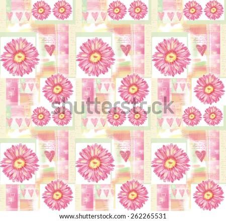 Beautiful spring pink flowers,  Floral card of  Pink watercolor gerbera.  Floral background. Love floral  pattern. Used for textile,for wallpaper, pattern fills, web page background.