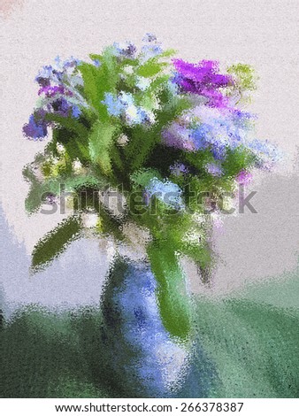 Still life. Bouquet of forget-me and jasmine in a blue porcelain vase. Blurred picture. Flowers in vase behind a window pane in rainy day.