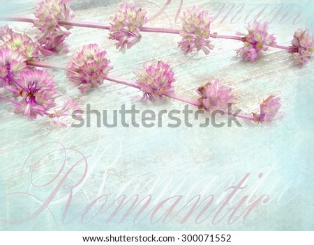 Romantic postcard. Tender shabby chic gradient background with wild flowers and text. A vintage styled collage.Can be used as greeting card, invitation for wedding, birthday and other holiday event.