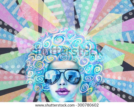 Pop art design. Nightflyer discotheque. Party invitation. Summer saturday lounge retro night. Disco club girl in sunglasses, standing on a reflective dance floor or has a backdrop of glowing lights.