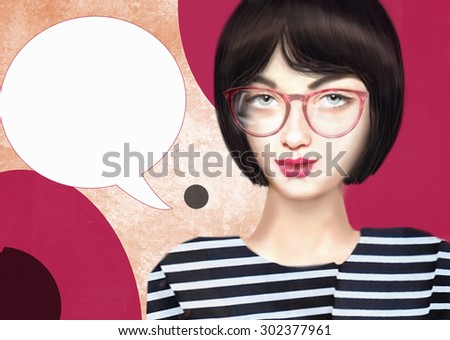 Hand drawn illustration of trendy hipster beauty girl wearing glasses. Smart young short hair women in black and white striped shirt with speech bubble. Can used as flyer, poster, banner, advertising.
