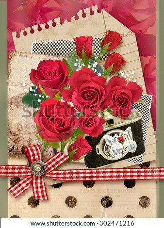 Holiday card with bouquet of beautiful roses on a old paper background. Can be used as greeting card, invitation card for wedding, birthday and other holiday events, banners, wraps, scrap-booking.