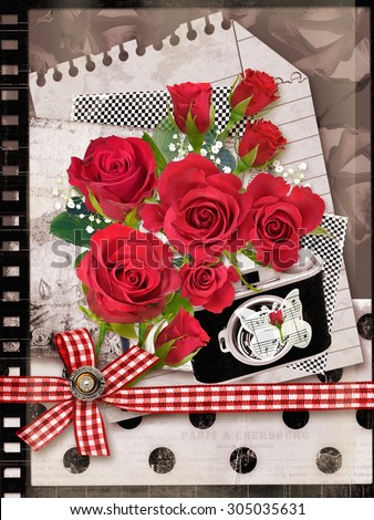 Holiday card with bouquet of beautiful roses on a old paper background. Can be used as greeting card, invitation card for wedding, birthday and other holiday events, banners, wraps, scrap-booking.