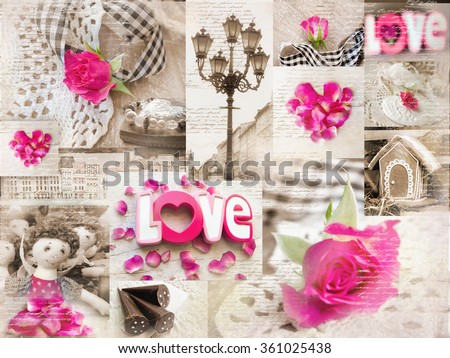 Vintage collage style shabby chic with elements of the old city, knitted elements, flower arrangements, dolls and sweets. Can use for print on cover, wrapping paper, napkins, place mate, tablecloth.