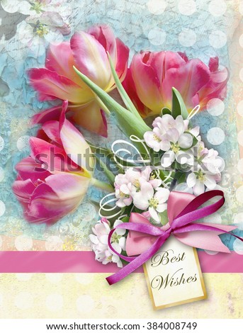 Beautiful card with bouquet of red tulips end other spring flowers with pink bow. Holiday floral background. Can be used as greeting card, invitation for wedding, birthday and other holiday happening.