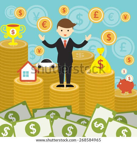 Businessman on Top of Gold Coins and Money, Business Marketing Banking Finance and Money