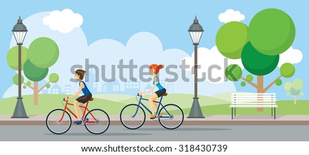 Couple Riding Bicycles In Public Park, Illustration, Flat Design,