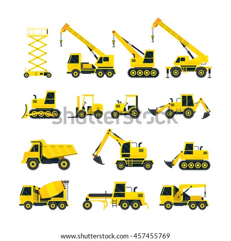 Construction Vehicles Objects Yellow Set, Side View, Heavy Equipment, Machinery, Engineering
