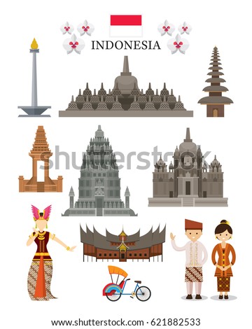 Indonesia Landmarks and Culture Object Set, National Symbol and Architecture, Travel and Tourist Attraction
