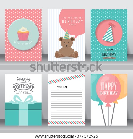 birthday, holiday, christmas greeting and invitation card.  there are teddy bear, gift boxes, confetti, cup cake. layout template in A4 size. vector illustration