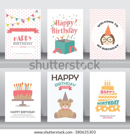happy birthday, holiday, christmas greeting and invitation card.  there are typography,  baby girl, gift boxes, confetti, cake and teddy bear. layout template in A4 size. vector illustration