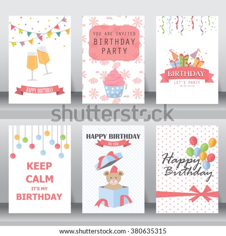 happy birthday, holiday, christmas greeting and invitation card.  there are balloon, gift boxes, confetti, cup cake, teddy bear. layout template in A4 size. vector illustration