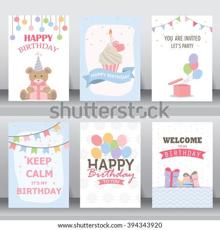 happy birthday, holiday, christmas greeting and invitation card.  there are typography, gift boxes, confetti, cake and teddy bear. layout template in A4 size. vector illustration