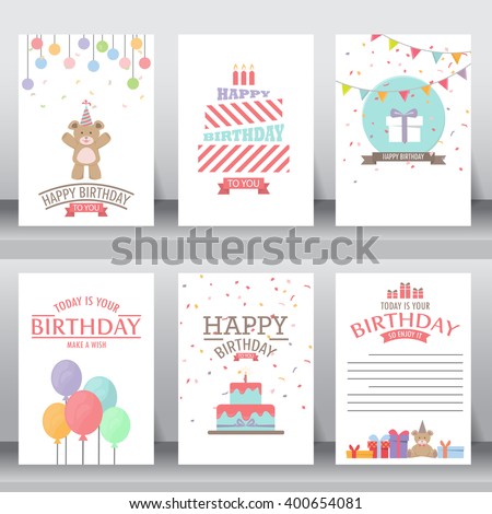 happy birthday, holiday, christmas greeting and invitation card.  there are teddy bear, gift boxes, confetti, cake and balloon. vector illustration