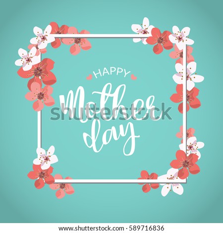 happy mother day, holiday pink flower on blue  background. can be use for sale advertisement, backdrop. vector