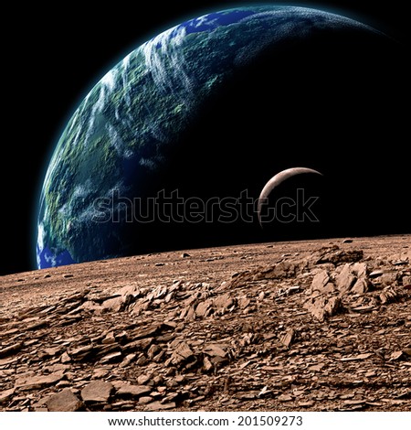 An artist\'s depiction of  an Earth like planet in deep space with an orbiting moon observed from the surface of a rocky sister moon.