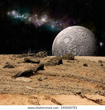 An artist\'s depiction of  the view from a rocky and barren alien world. A moon rises over the airless environment. Elements of this image furnished by NASA.