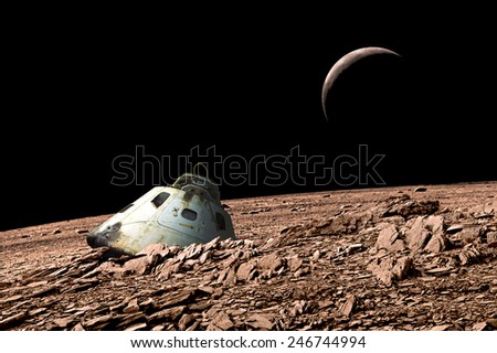 A scorched space capsule lies abandoned on a barren and airless moon. - Elements of this image furnished by NASA.