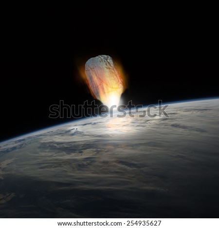 A massive asteroid, glowing white hot, enters Earth's atmosphere moments before impact with the planet. - Elements of this image furnished by NASA.