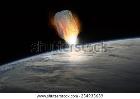 A massive asteroid, glowing white hot, enters Earth\'s atmosphere moments before impact with the planet. - Elements of this image furnished by NASA.