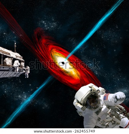 A team of astronauts performing work on a space station a safe distance from a large black hole. Elements of this image furnished by NASA.