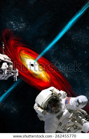 A team of astronauts performing work on a space station a safe distance from a large black hole. Elements of this image furnished by NASA.