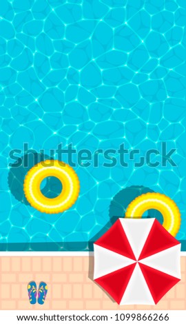 Summer pool party banner with space for text. Yellow pool float, sun umbrella and flip flops. Ring floating in a refreshing blue swimming pool. Colorful poster for summer holiday. Hello summer banner