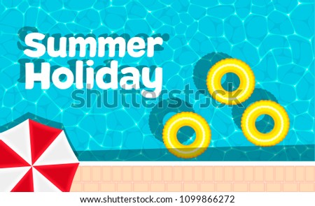 Summer holiday banner with space for text. Yellow pool float and sun umbrella. Ring floating in a refreshing blue swimming pool. Colorful poster for summer pool party. Hello summer banner