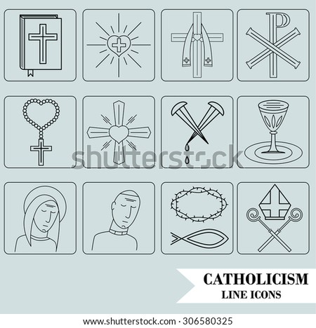 Linear icons of catholic religion. Vector icon set.