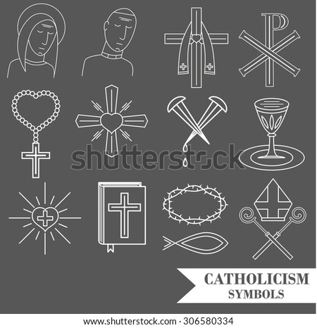 Linear symbols of catholic religion. Vector symbols set.