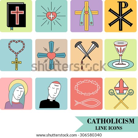 Linear icons of catholic religion. Vector icon set.