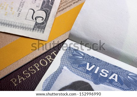 Passport and US visa background with  banknote 5 dollars.