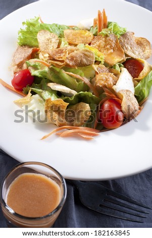 Chicken Salad and potato chips served on a white plate with Sauce made from beans.