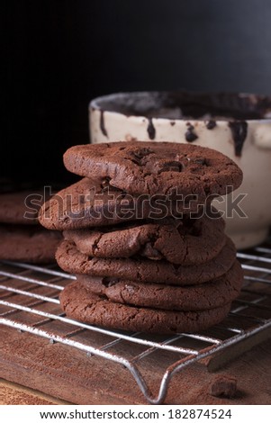 Tall stack of soft chocolate chip cookie